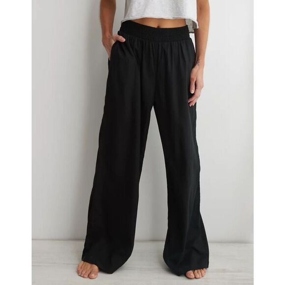 aerie Pants - Aerie High Waisted Linen Blend Pants size L Regular Black Pull On